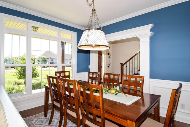216 Honeysuckle Ln, Lebanon, TN 37087 - dining room with a decorative wall, a wainscoted wall, crown molding, and dark wood-style floors