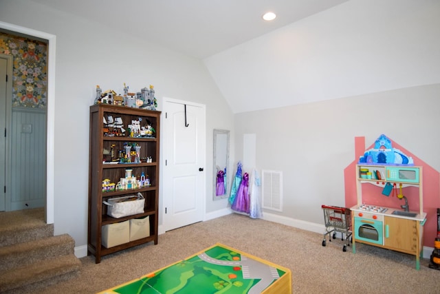 216 Honeysuckle Ln, Lebanon, TN 37087 - playroom with carpet flooring, vaulted ceiling, and recessed lighting
