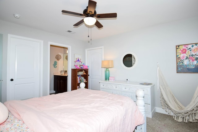 216 Honeysuckle Ln, Lebanon, TN 37087 - bedroom with light carpet, connected bathroom, and a ceiling fan