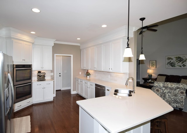 216 Honeysuckle Ln, Lebanon, TN 37087 - kitchen featuring appliances with stainless steel finishes, a peninsula, open floor plan, white cabinetry, and backsplash