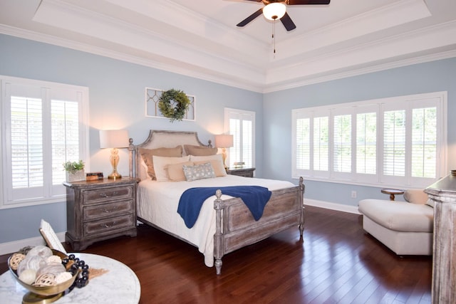 216 Honeysuckle Ln, Lebanon, TN 37087 - bedroom featuring a raised ceiling, dark wood-type flooring, multiple windows, and ornamental molding