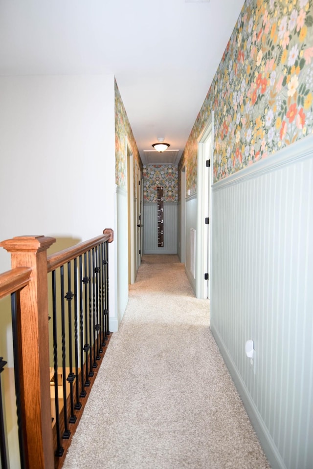 216 Honeysuckle Ln, Lebanon, TN 37087 - hall featuring wallpapered walls, wainscoting, and carpet flooring