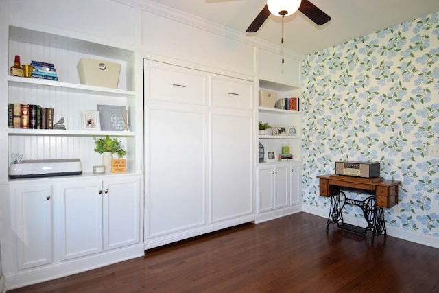 216 Honeysuckle Ln, Lebanon, TN 37087 - office featuring wallpapered walls, dark wood finished floors, a ceiling fan, and built in shelves