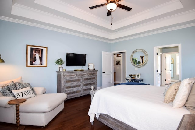 216 Honeysuckle Ln, Lebanon, TN 37087 - bedroom with a tray ceiling, dark wood finished floors, ornamental molding, and a ceiling fan
