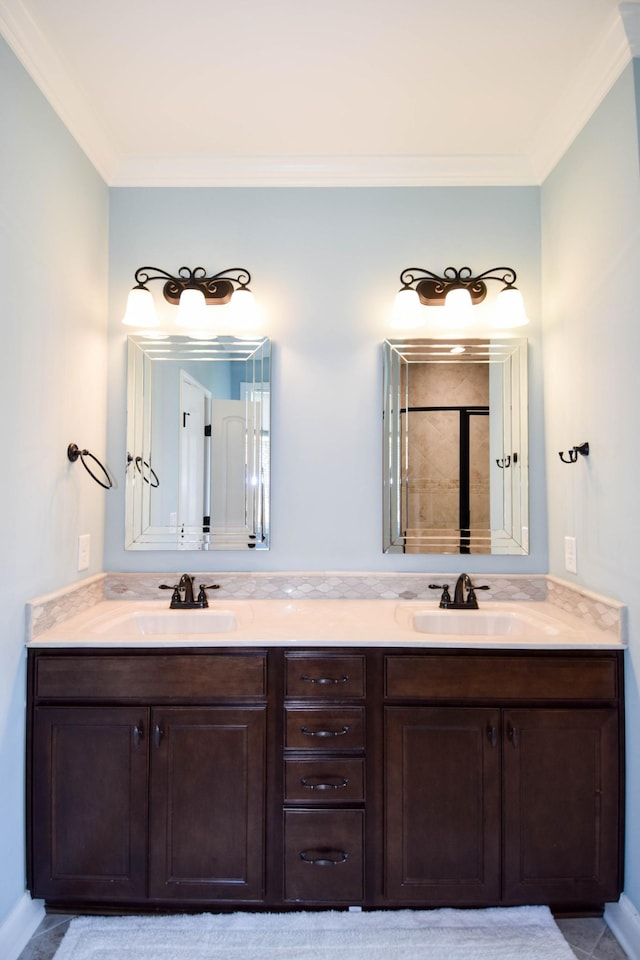 216 Honeysuckle Ln, Lebanon, TN 37087 - bathroom with crown molding, double vanity, and a shower