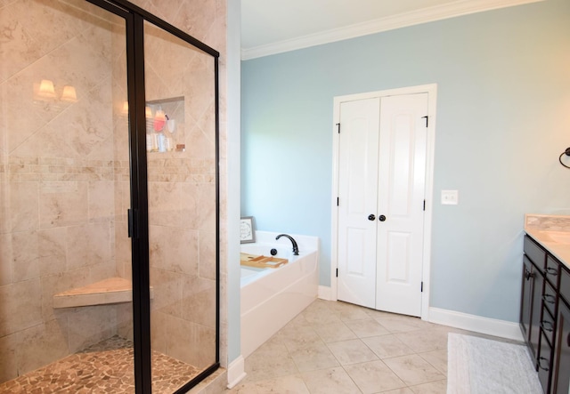 216 Honeysuckle Ln, Lebanon, TN 37087 - bathroom featuring a bath, crown molding, vanity, a stall shower, and tile patterned floors