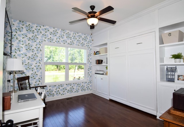 216 Honeysuckle Ln, Lebanon, TN 37087 - unfurnished office with wallpapered walls, dark wood-style floors, a ceiling fan, ornamental molding, and built in shelves