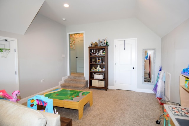 216 Honeysuckle Ln, Lebanon, TN 37087 - rec room with lofted ceiling, carpet, and recessed lighting