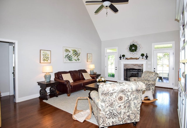 216 Honeysuckle Ln, Lebanon, TN 37087 - living area featuring high vaulted ceiling, a fireplace, ceiling fan, and dark wood finished floors