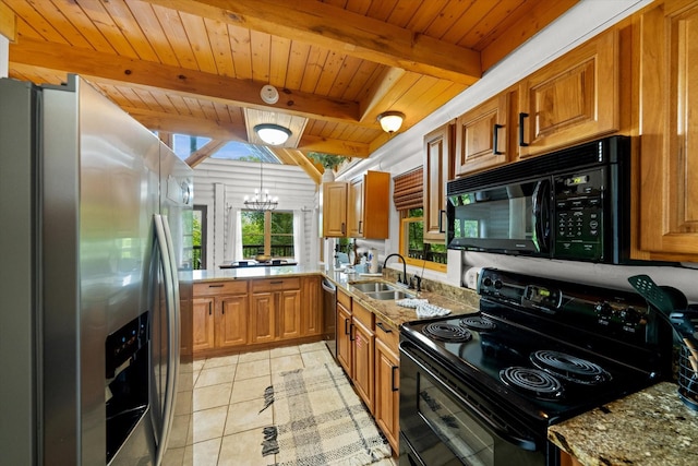 945 Scenic Trl, Gatlinburg, TN 37738 - kitchen featuring black appliances, wooden ceiling, brown cabinets, a chandelier, and stone countertops