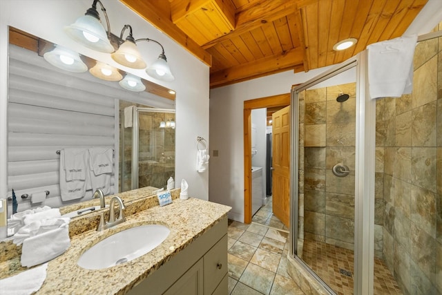 945 Scenic Trl, Gatlinburg, TN 37738 - bathroom with a wooden ceiling with exposed beams, vanity, a shower stall, and tile patterned floors