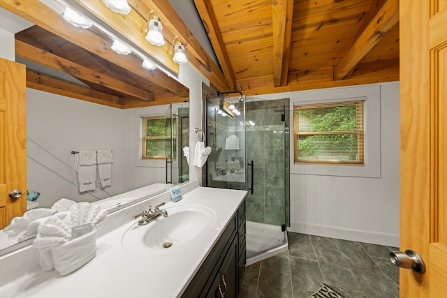945 Scenic Trl, Gatlinburg, TN 37738 - full bathroom featuring healthy amount of natural light, vanity, a wooden ceiling with exposed beams, and a shower stall