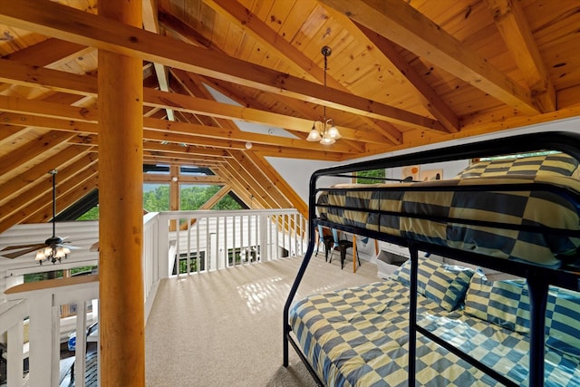 945 Scenic Trl, Gatlinburg, TN 37738 - unfurnished bedroom with wood ceiling, a chandelier, and carpet