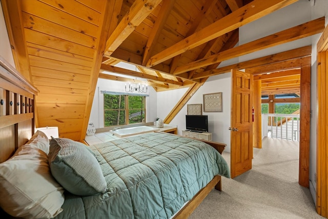 945 Scenic Trl, Gatlinburg, TN 37738 - carpeted bedroom featuring a chandelier and wood ceiling