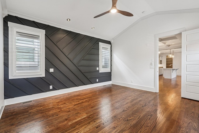 1605 Stokes Ln Unit A, Nashville, TN 37215 - unfurnished bedroom featuring multiple windows, wood finished floors, lofted ceiling, crown molding, and a ceiling fan