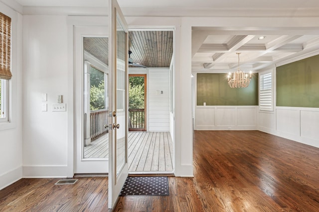 1605 Stokes Ln Unit A, Nashville, TN 37215 - foyer entrance featuring a chandelier, wood finished floors, beamed ceiling, french doors, and coffered ceiling