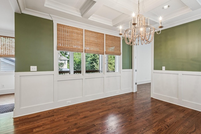 1605 Stokes Ln Unit A, Nashville, TN 37215 - empty room with coffered ceiling, a decorative wall, a chandelier, dark wood-style flooring, and wainscoting