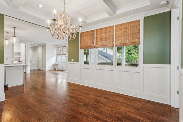 1605 Stokes Ln Unit A, Nashville, TN 37215 - unfurnished dining area with a chandelier, ornamental molding, beamed ceiling, coffered ceiling, and recessed lighting