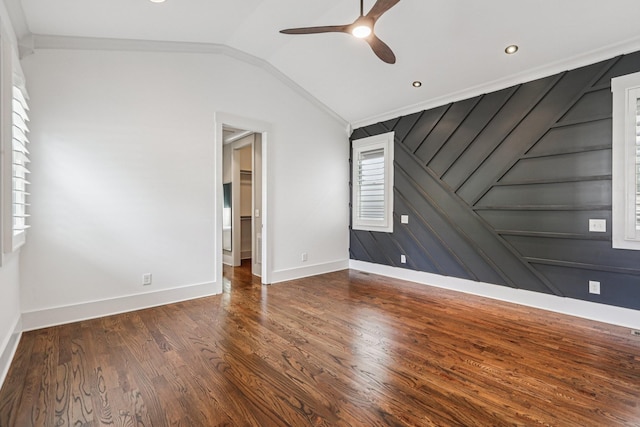 1605 Stokes Ln Unit A, Nashville, TN 37215 - empty room with a ceiling fan, vaulted ceiling, wood finished floors, and ornamental molding