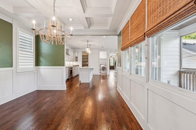 1605 Stokes Ln Unit A, Nashville, TN 37215 - unfurnished dining area featuring a chandelier, washer / dryer, coffered ceiling, beamed ceiling, and ornamental molding