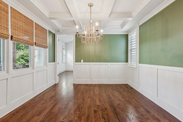 1605 Stokes Ln Unit A, Nashville, TN 37215 - unfurnished dining area with a chandelier, healthy amount of natural light, beam ceiling, dark wood-style floors, and a wainscoted wall