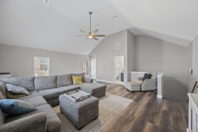405 Wexford Ct, Franklin, TN 37069 - living room with dark wood-style floors, plenty of natural light, high vaulted ceiling, and a ceiling fan