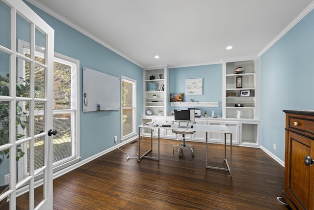 405 Wexford Ct, Franklin, TN 37069 - office with dark wood-style flooring, ornamental molding, built in shelves, recessed lighting, and french doors