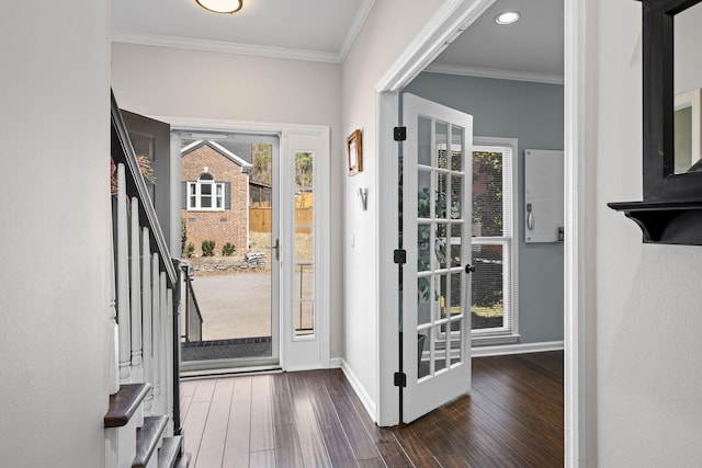 405 Wexford Ct, Franklin, TN 37069 - entrance foyer with dark wood-style flooring, stairs, and ornamental molding