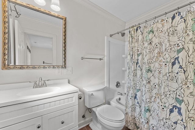 162 N Berwick Ln, Franklin, TN 37069 - bathroom featuring shower / bath combination with curtain, ornamental molding, and vanity