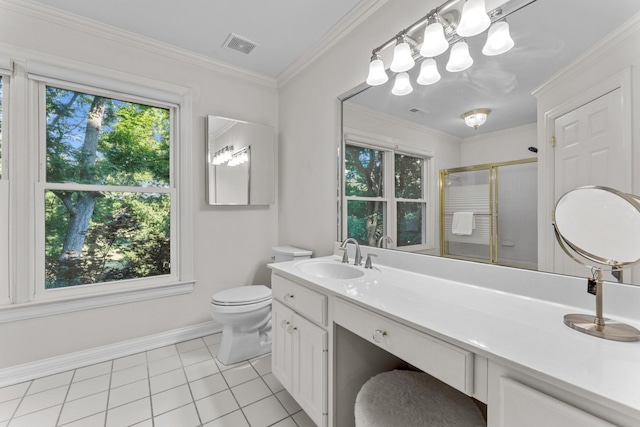 162 N Berwick Ln, Franklin, TN 37069 - bathroom with a shower stall, tile patterned flooring, vanity, and ornamental molding