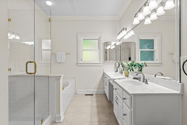 162 N Berwick Ln, Franklin, TN 37069 - full bathroom with double vanity, a shower stall, a garden tub, ornamental molding, and tile patterned floors