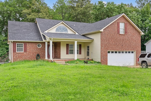 3158 Whitetail Dr, Clarksville, TN 37043 - traditional-style house featuring a porch, a front lawn, brick siding, roof with shingles, and an attached garage