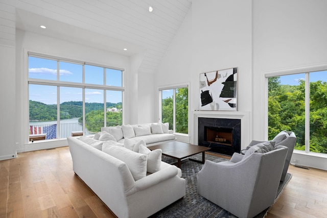 928 Harbor Pointe Dr, Silver Point, TN 38582 - living area with high vaulted ceiling, wood-type flooring, healthy amount of natural light, recessed lighting, and a high end fireplace