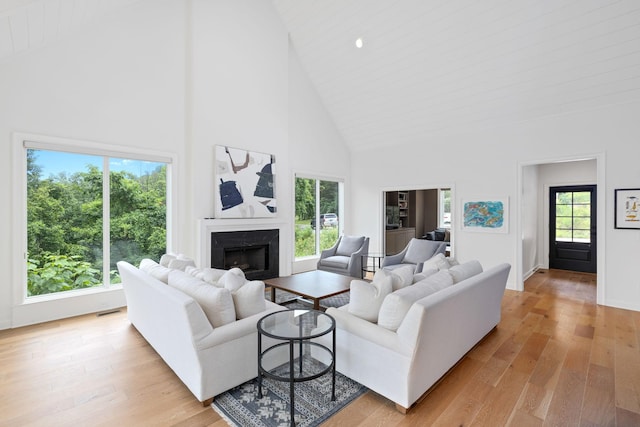 928 Harbor Pointe Dr, Silver Point, TN 38582 - living room with high vaulted ceiling, a high end fireplace, light wood finished floors, and recessed lighting