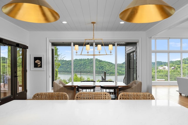 928 Harbor Pointe Dr, Silver Point, TN 38582 - dining area with healthy amount of natural light, wood finished floors, a chandelier, recessed lighting, and a water view