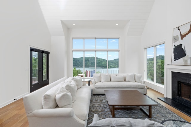 928 Harbor Pointe Dr, Silver Point, TN 38582 - living area featuring plenty of natural light, wood finished floors, a water view, a high end fireplace, and high vaulted ceiling