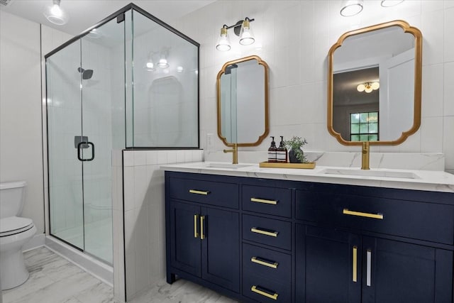 1122 Ridgecrest Dr, Dickson, TN 37055 - full bath featuring marble look tile flooring, double vanity, a shower stall, and tile walls