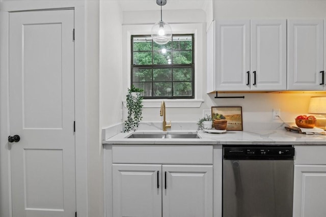 1122 Ridgecrest Dr, Dickson, TN 37055 - kitchen with stainless steel dishwasher, white cabinetry, decorative light fixtures, and light stone countertops