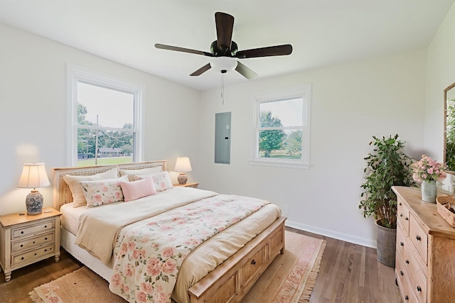 143 Bishop Ln, Burns, TN 37029 - bedroom featuring electric panel, wood finished floors, and a ceiling fan