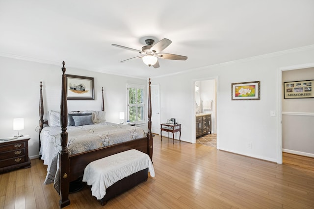 1201 Natchez Rd, Franklin, TN 37069 - bedroom featuring ornamental molding, light wood-type flooring, a ceiling fan, and ensuite bath