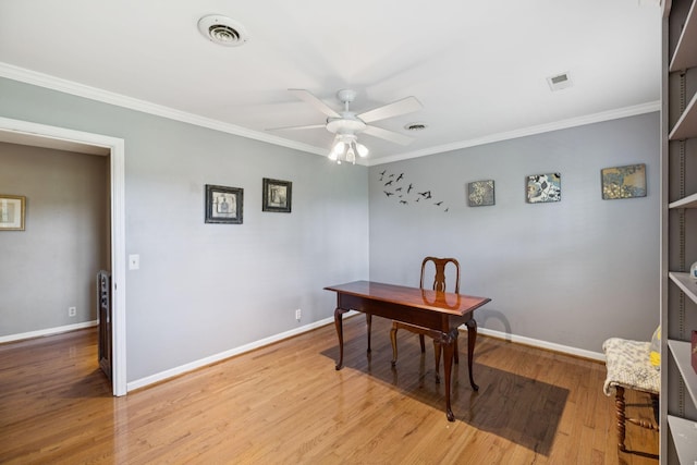 1201 Natchez Rd, Franklin, TN 37069 - office area with a ceiling fan, light wood-style floors, and ornamental molding
