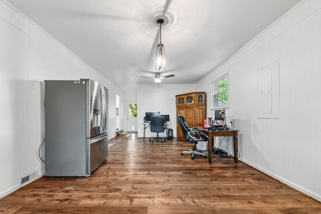 1150 Mattox Town Rd, Lawrenceburg, TN 38464 - office with wood finished floors, crown molding, and a ceiling fan