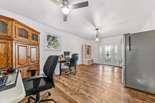 1150 Mattox Town Rd, Lawrenceburg, TN 38464 - office featuring light wood-style flooring, ceiling fan, and ornamental molding