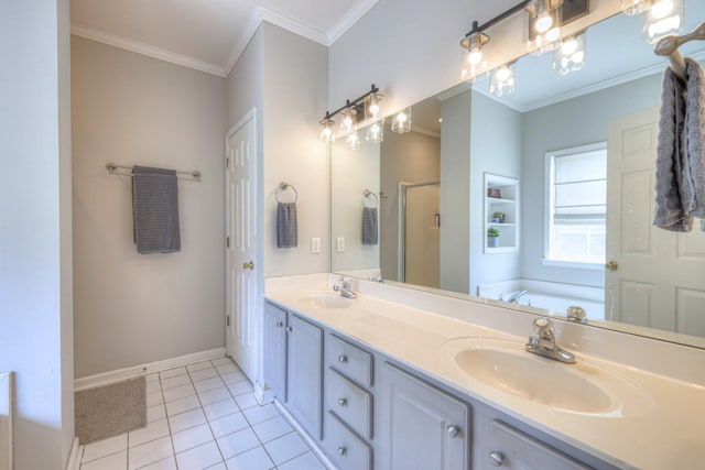 3307 Milton Ct, Thompsons Station, TN 37179 - full bath featuring a stall shower, crown molding, a garden tub, double vanity, and tile patterned floors