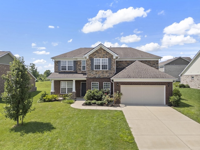2039 Friendship Dr, Spring Hill, TN 37174 - view of front of home featuring a garage, a front yard, driveway, stone siding, and a shingled roof