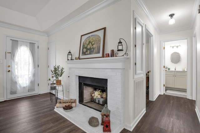 706 Running Deer Dr, Columbia, TN 38401 - entrance foyer with dark wood-style floors, a fireplace, and ornamental molding