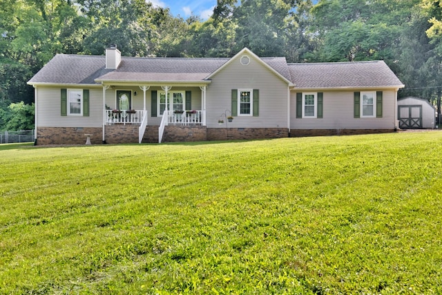 706 Running Deer Dr, Columbia, TN 38401 - ranch-style home with crawl space, a shed, covered porch, a chimney, and a front lawn