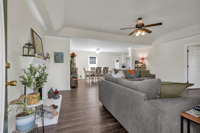 706 Running Deer Dr, Columbia, TN 38401 - living room with ceiling fan, dark wood finished floors, crown molding, and a raised ceiling