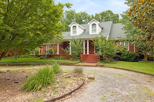 599 Countryside Dr, Loretto, TN 38469 - cape cod house featuring roof with shingles, a porch, brick siding, and gravel driveway