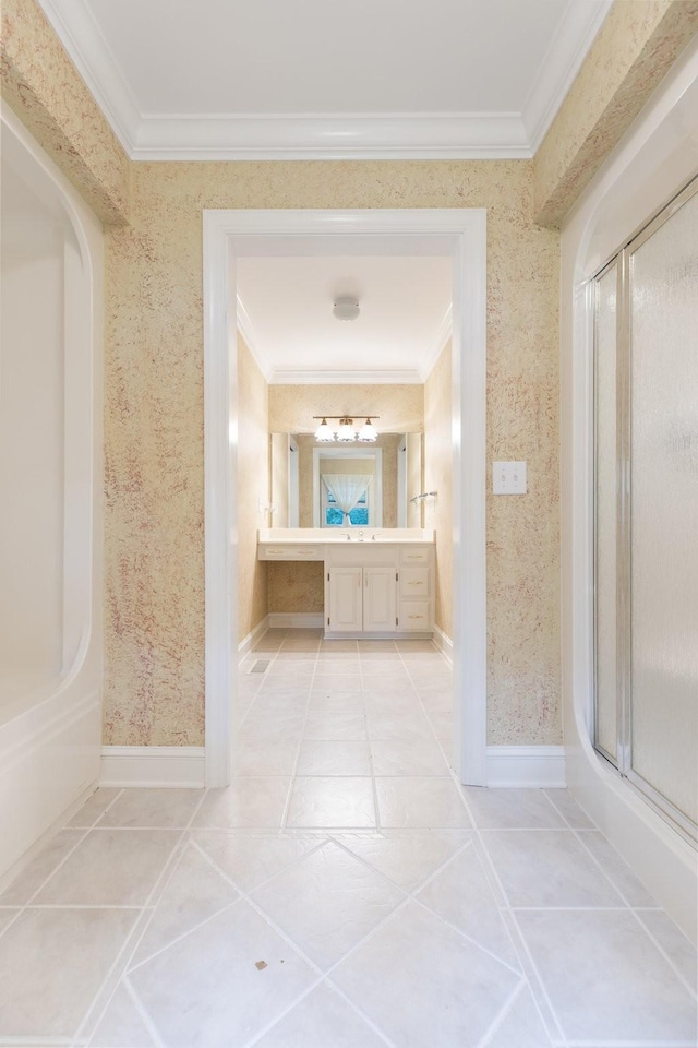 599 Countryside Dr, Loretto, TN 38469 - full bath featuring ornamental molding, a stall shower, vanity, wallpapered walls, and tile patterned floors
